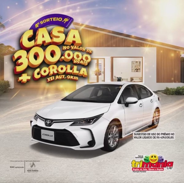 Trimania Cap sorteia uma casa, no valor de R$ 300 mil, e mais um Corolla 